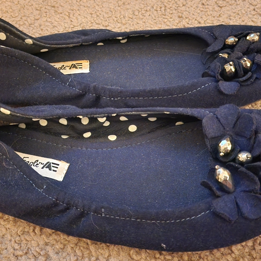 Navy Blue Women's Ballet Flats with Bow Accents